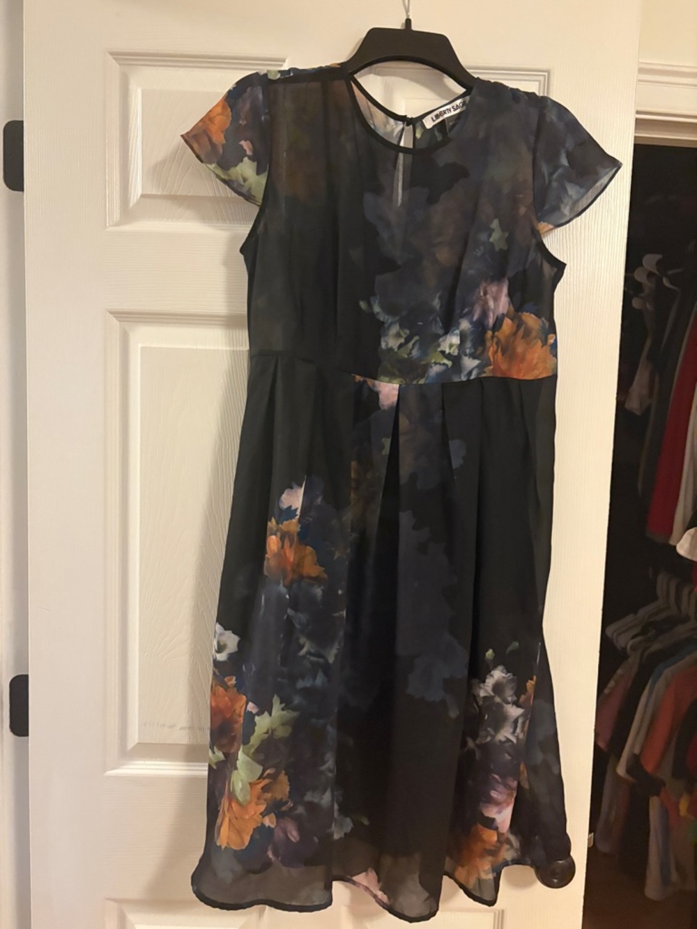 Floral Sheer Overlay Fit-and-Flare Maternity Dress - Navy with Orange Blooms
